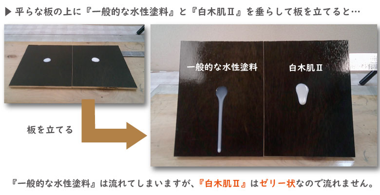 一般的な水性塗料は流れてしまいますが『白木肌Ⅱ』はゼリー状なので流れません。